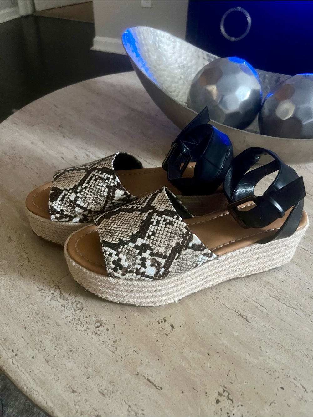 Womens Snake-Print Espadrille Platform Sandals with Black Ankle Strap